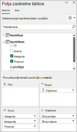 Popis polja za više tablica