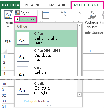 Galerija fontova na kartici Izgled stranice.