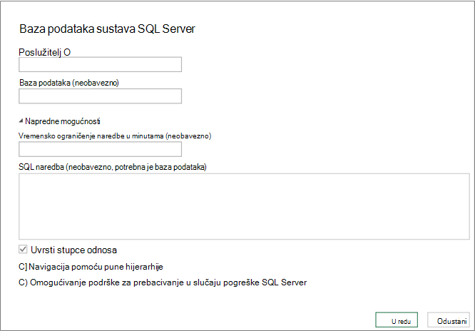 Dijaloški okvir Baza podataka sustava SQL Server