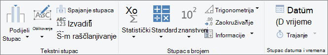 Grupe vrsta podataka na kartici Dodaj stupac na vrpci