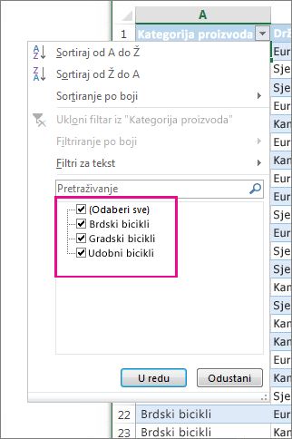 Filtriranje prema odabranim stavkama na popisu