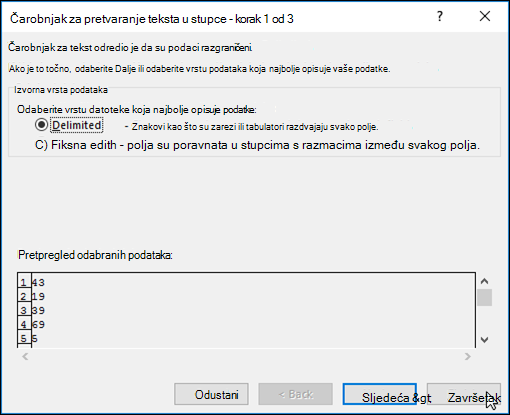 Slika dijaloškog okvira Tekst u stupce u podatke >