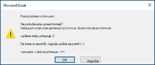 Slika programa Excel Problem s ovim dijaloškim okvirom formule