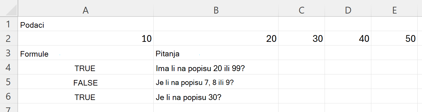 Provjera sadrži li raspon barem jednu od nekoliko vrijednosti pomoću funkcije HASANY