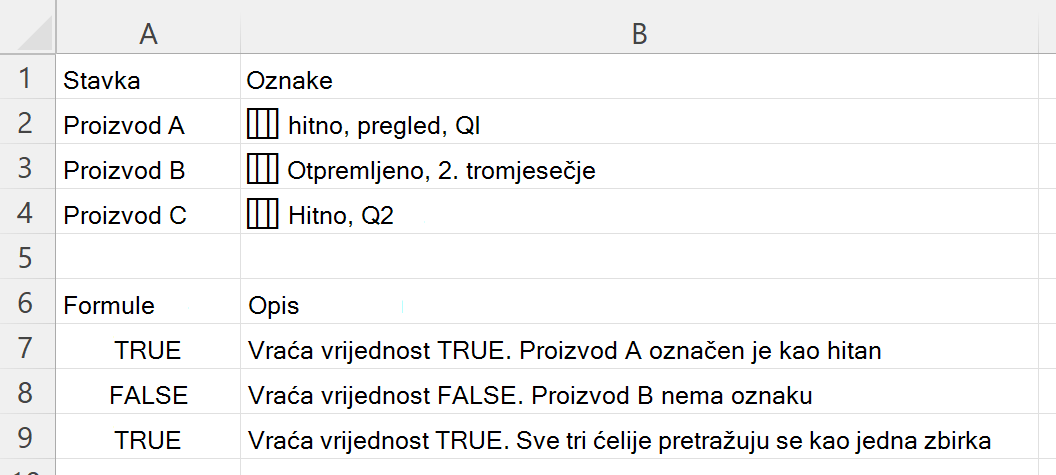 Korištenje funkcije HASANY za provjeru sadrži li ćelija koja sadrži ugniježđeno polje oznaka bilo koju od odabranih oznaka