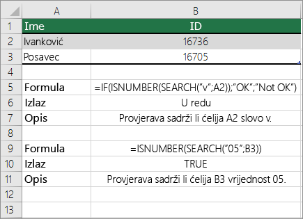 Primjeri funkcija IF, ISNUMBER i SEARCH
