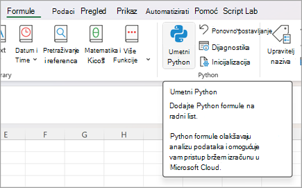 Idite na Formule, a zatim odaberite Umetni Python.