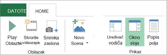 Snimka zaslona koja prikazuje gumb Okno sloja na kartici Polazno dodatka Power Map.