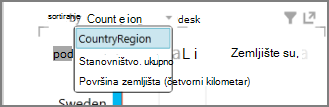 Ikona Sortiranje u programu Power View i padajući izbornik
