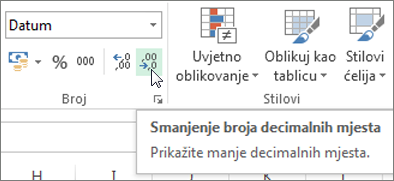 Gumb Smanjenje broja decimalnih mjesta