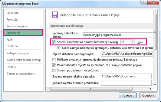 Mogućnost Spremi u mogućnostima programa Excel
