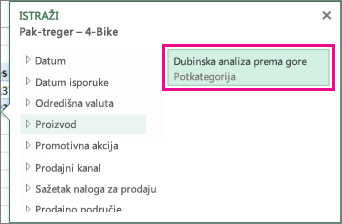 Gumb za pretraživanje kroz razine naniže u okviru Istraživanje
