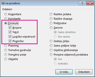 Mogućnosti za traženje formula u okviru Idi na posebno