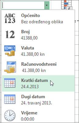 Naredba Kratki datum u galeriji Oblik broja