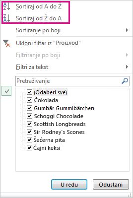 Naredbe za sortiranje u galeriji Sortiranje i filtriranje
