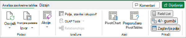 Kartica Analiza zaokretne tablice s gumbom Popis polja u programu Excel za Windows
