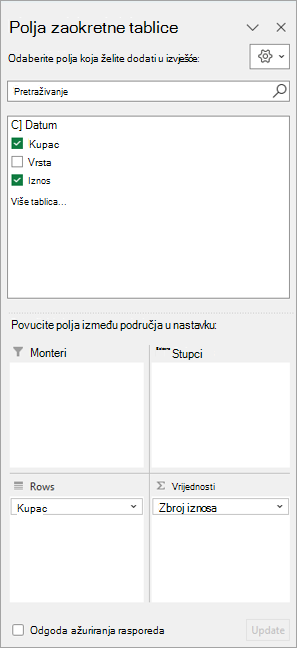 Okno Polja zaokretne tablice u programu Excel za Windows