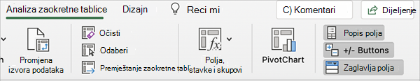 Kartica Analiza zaokretne tablice s gumbom Popis polja u programu Excel za Mac