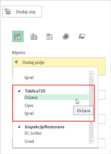 Dodavanje lokacije na oknu Sloj