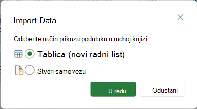 Mogućnosti uvoza podataka koje se prikazuju kada odaberete mogućnost Zatvori & učitaj u.