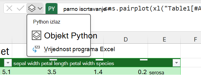 Da biste promijenili vrstu izlaza, upotrijebite izbornik izlaza za Python pokraj trake formule.