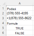 Korištenje funkcije REGEXTEST za provjeru jesu li telefonski brojevi u određenoj sintaksi uz uzorak ^\([0-9]{3}\) [0-9]{3}-[0-9]{4}$