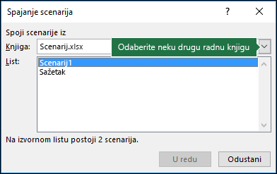 Snimka zaslona na kojoj se prikazuje dijaloški okvir Scenariji spajanja.