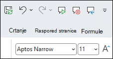 Snimka zaslona koja prikazuje glasovne naredbe Alatna traka za brzi pristup u programu Excel