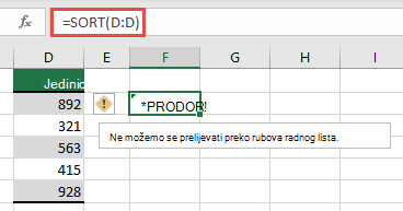 #SPILL! gdje će se =SORT(D:D) u ćeliji F2 protezati izvan rubova radne knjige. Premjestite je u ćeliju F1 i ona će ispravno funkcionirati.