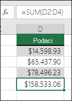 U formulama koristite funkciju SUM umjesto fiksno kodiranih vrijednosti. Formula u ćeliji D5 jest =SUM(D2:D4)