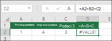 Primjer loše sastavljene formule. Formula u ćeliji D2 jest =A2+B2+C2