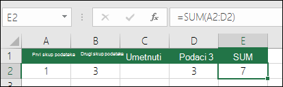 U primjeru se prikazuje formula SUM čiji se oblik automatski proširio iz =SUM(A2:C2) u =SUM(A2:D2) prilikom umetanja stupca