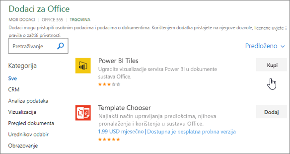 Snimka zaslona sa stranicom Dodaci za Office na kojoj možete odabrati ili potražiti dodatak za Excel.