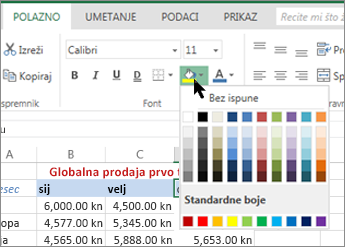 gumb i mogućnosti ispune na vrpci