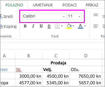 odaberite drugi stil ili veličinu fonta pomoću gumba u grupi Font na vrpci