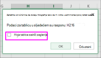 Dijaloški okvir za pretvaranje podatkovnog raspona u tablicu