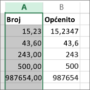primjer izgleda brojeva uz različite oblike, poput oblika Broj i Općenito.