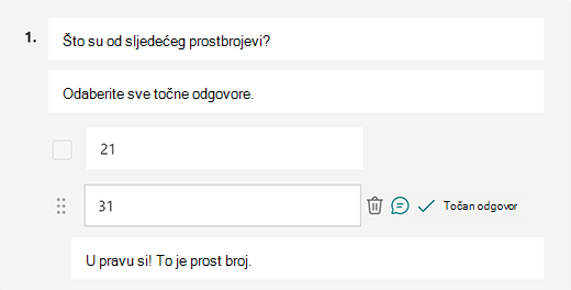 Prilagođena poruka o točnom odgovoru u programu Microsoft Forms