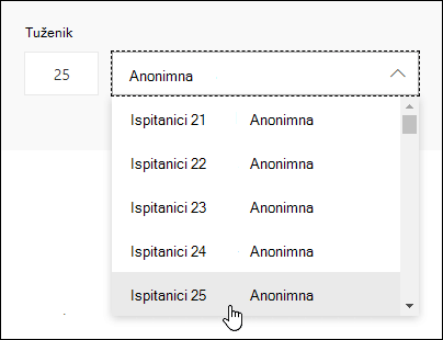 Unesite određeni broj u okvir za pretraživanje ispitanika da biste vidjeli pojedinosti o odgovoru te osobe u programu Microsoft Forms