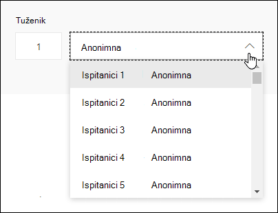 Prikaz padajućeg popisa ispitanika u programu Microsoft Forms