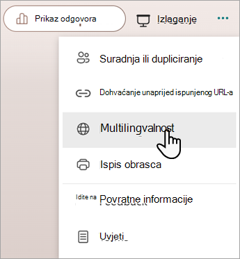 Snimka zaslona koja prikazuje višejezičnu značajku za dodavanje jezika u Microsoftov obrazac ili test.