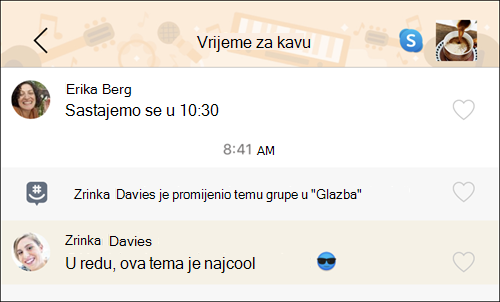 Snimka zaslona aplikacije GroupMe s uključenom temom Glazba