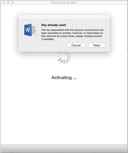 Key already used message when activating Office 2016 for Mac