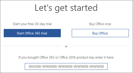 Shows the Lets get started screen that indicates an Office 365 trial is included with this device