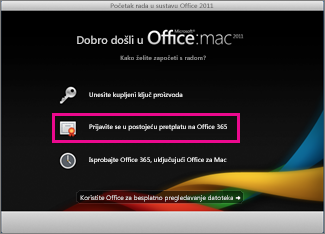 Stranica za instalaciju sustava Office za Mac Home na kojoj se prijavljujete u postojeću pretplatu na Office 365.