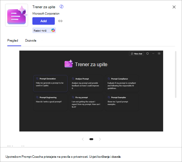Snimka zaslona aplikacije koja prikazuje više detalja i mogućnost da je dodate u Microsoft Copilot.