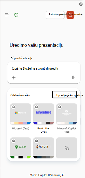 Snimka zaslona ulazne točke Upravljanje kompletima robne marke u programu PowerPoint.