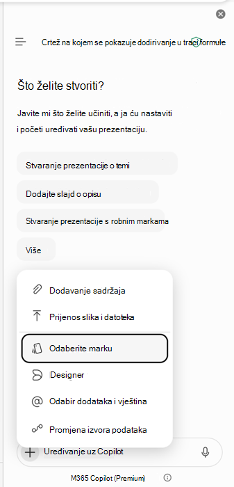 Snimka zaslona koja prikazuje ulaznu točku Odabir robne marke u rješenju Copilot programa PowerPoint.