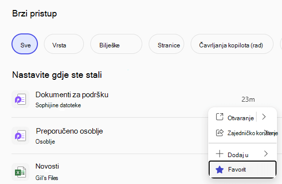 Okno za brzi pristup s nedavno korištenim datotekama i gumbom Omiljeno