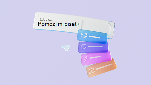 Snimka zaslona koja prikazuje 3D prikaz tekstnog okvira značajke Microsoft 365 Copilot s različitim mogućnostima gumba za crtanje upita.